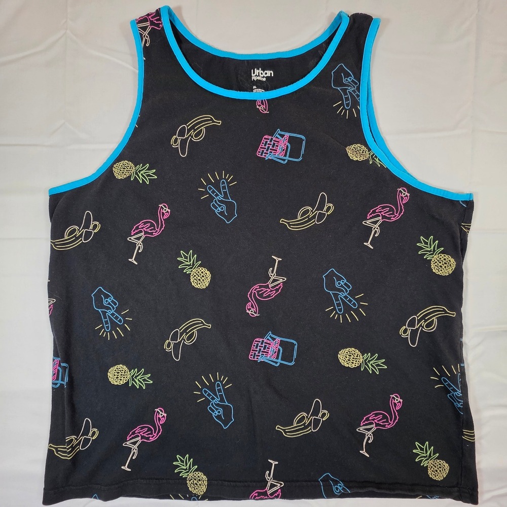 Urban Pipeline Mens XL Neon Party Tank Top Black Flamingo Pineapple